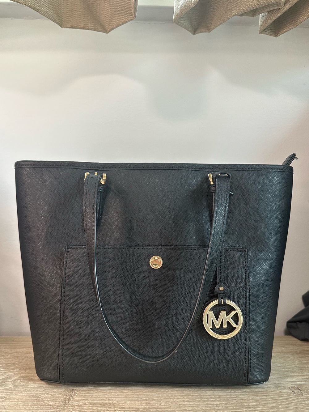 Michael Kors Black Saffiano Tote with Gold MK Charm